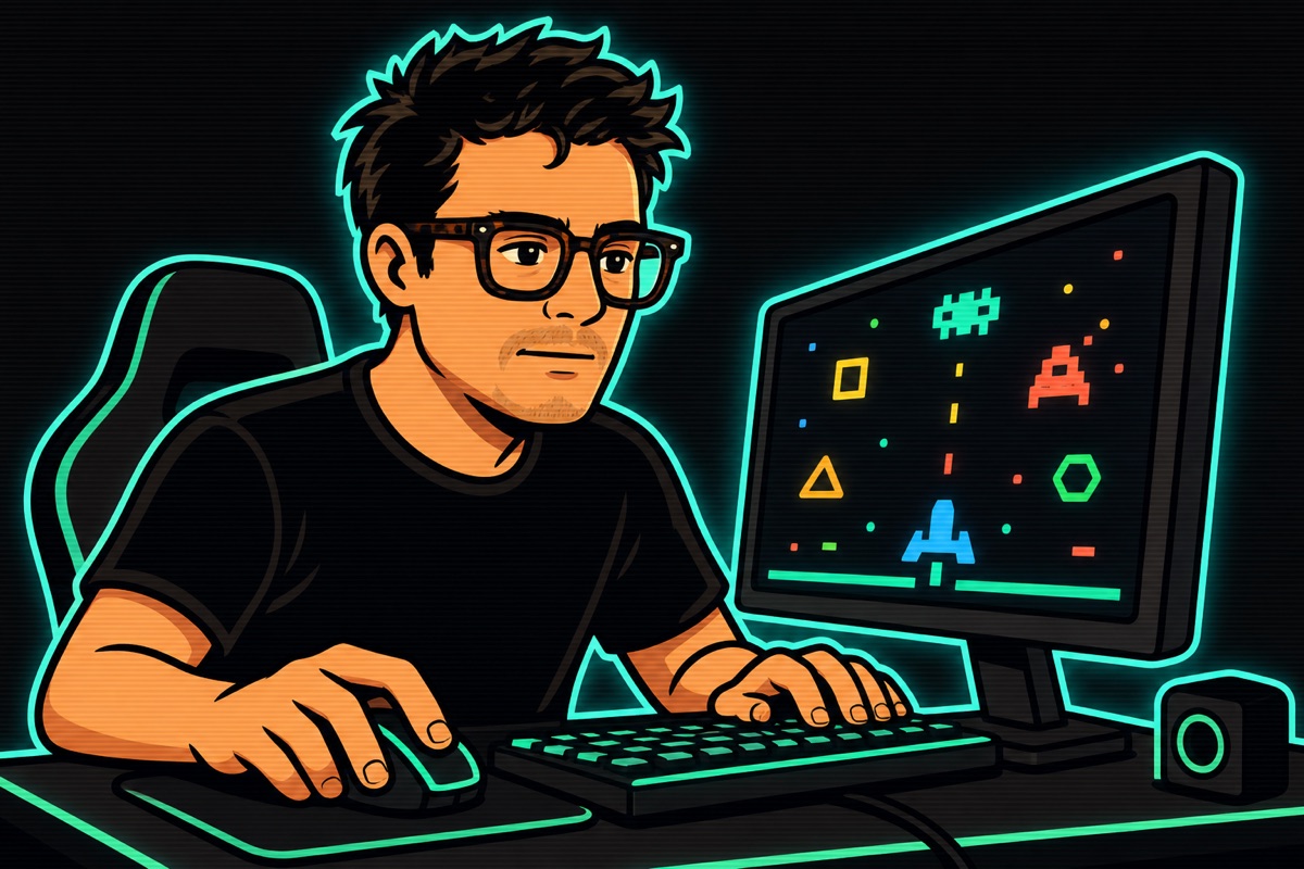 Mr. M at a gaming computer with an arcade game glowing on the monitor
